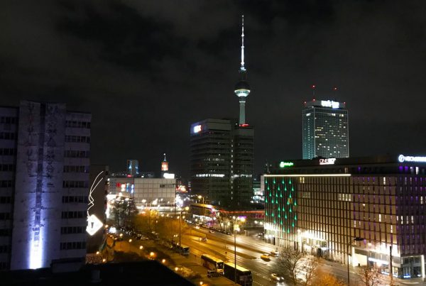 Berlin city break highlights. Berliner Fernsehturm TV tower at night.