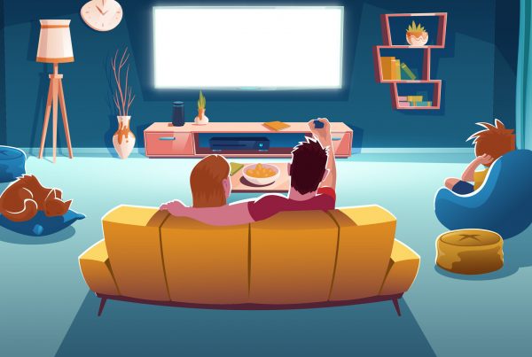 Cartoon family watching TV in their home. How Does TV Advertising Work?