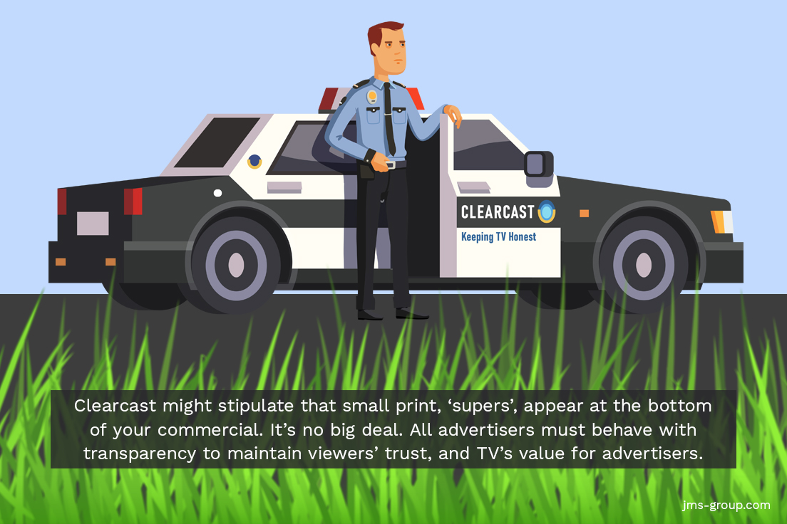 Cartoon cop standing next to a police car. What is Clearcast Clearance?